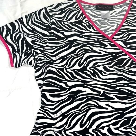 Baby Phat Zebra Print Wrap Scrub Top W/ Pink Trim Short Sleeve Womens Size L - Picture 6 of 8